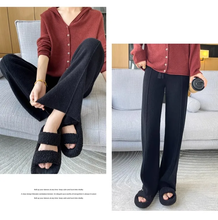 2024 High-end Cashmere Temperament Wide-leg Pants Women's High Waist 100 Pure Wool Pants Loose Casual Straight Outer Trousers