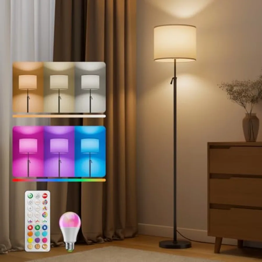 

Floor Lamp for Living Room with RGBCW Color Changing Bulbs Dimmable Adjustable Height Standing Lamp with Remote Control 10W 120