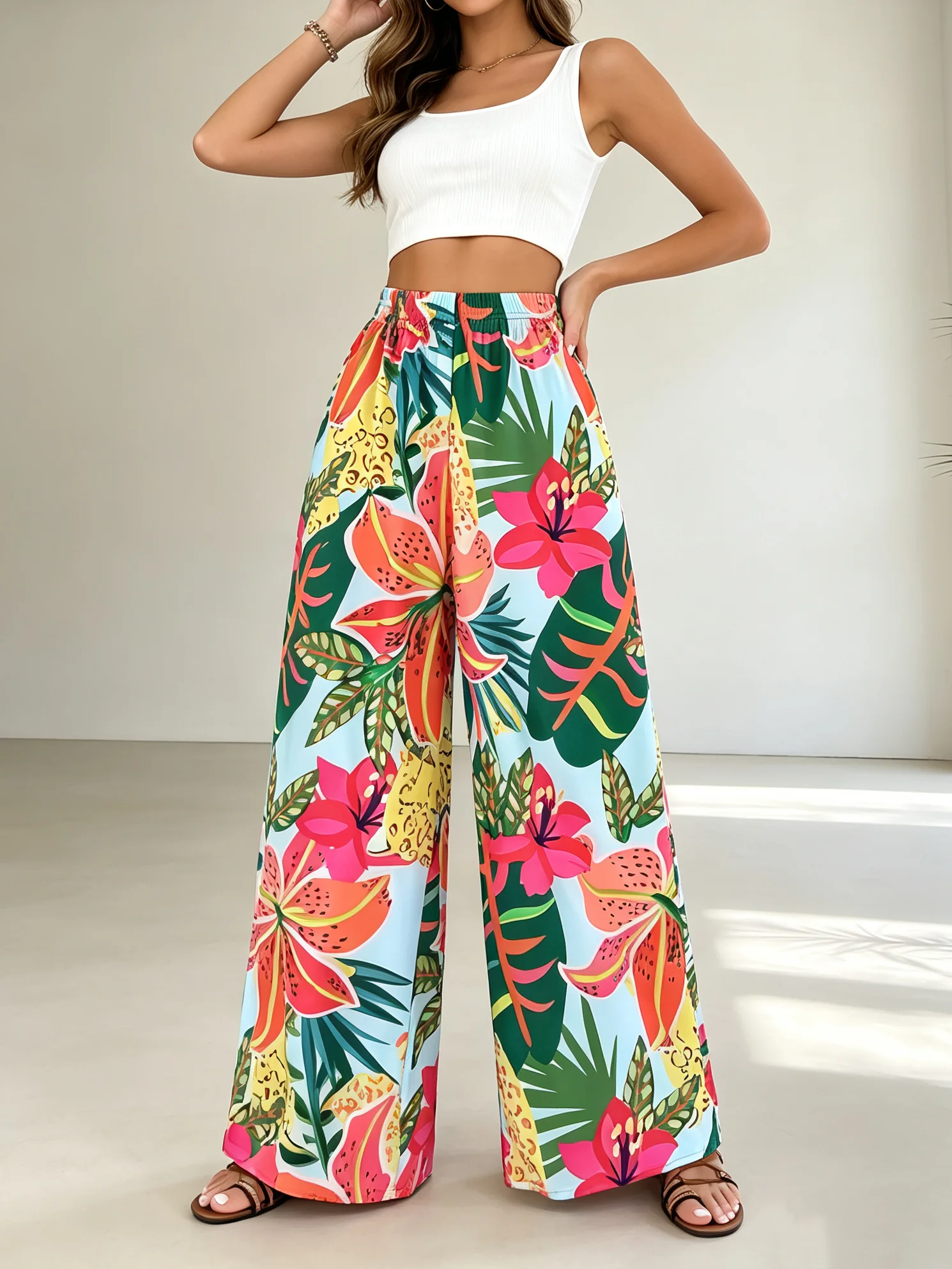 Women's Floral Tropical Wide Leg Pants Casual Comfortable Loose Fit Vacation Wear with Elastic Waist 2026