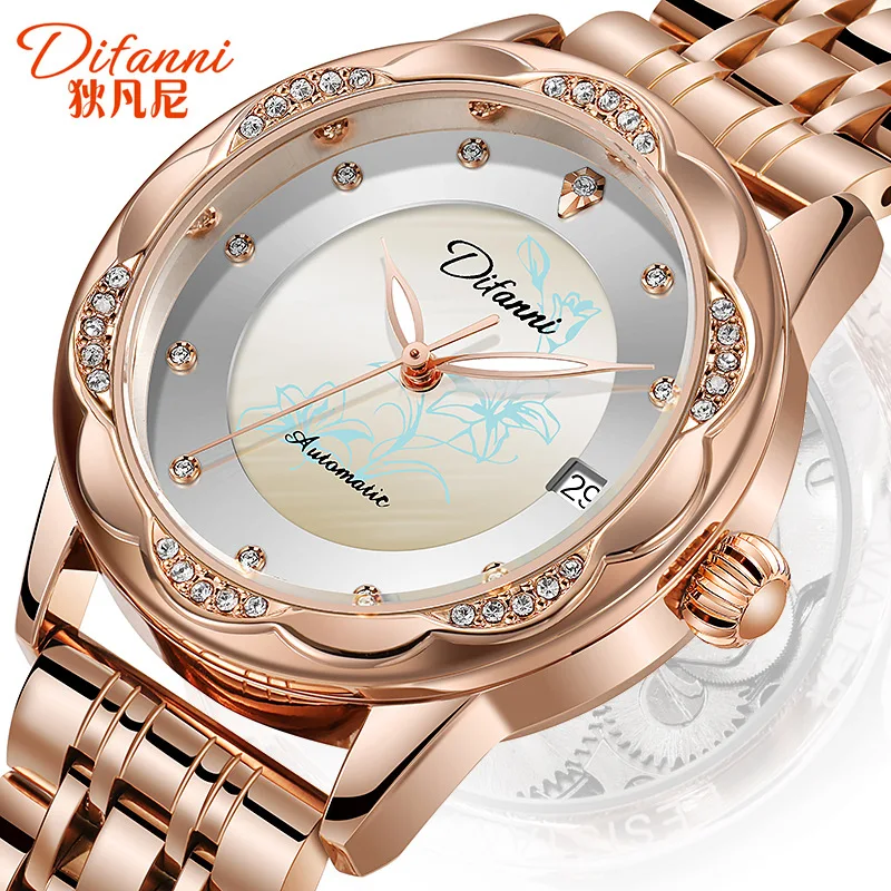 Woman Luminous Watches Lady Mechanical Automatic Crystal Business Wateproof Stainless Strap Wristwatch Women Calendar Date Watch