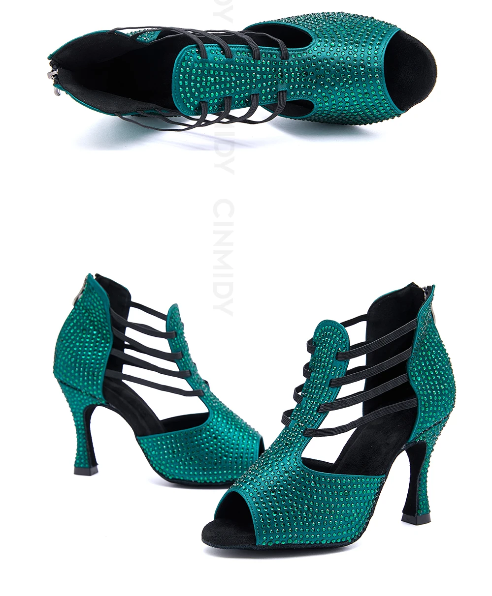 CINMIDY Schwarze Latein-Tanzschuhe für Damen, Salsa-Tanzschuhe mit Strass, Weiche Sohle, Ballsaal-Tanzsandalen, Party-High-Heels – Detail 17