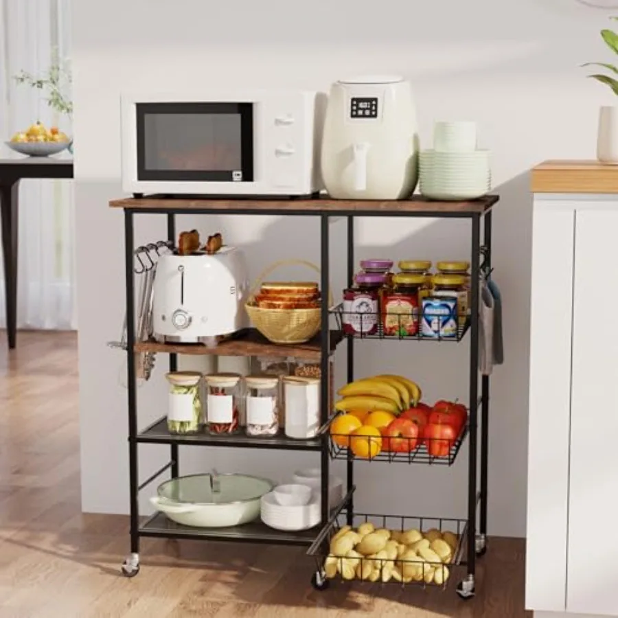 

Rolling Kitchen Microwave Cart - 4 Tier Microwave Table Stand with Pull-Out Baskets Coffee Bar Baker's Rack with Wheels Rolling