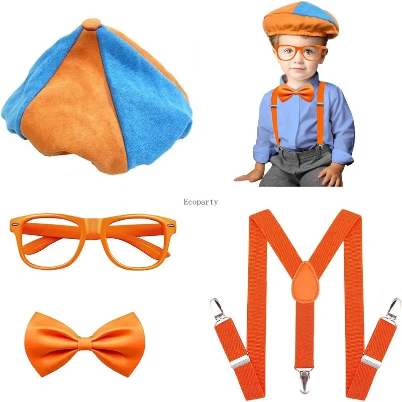 Accesorios para juegos de rol de disfraces Juego de accesorios de disfraz naranja de 4 piezas para niños – Pajarita, sombrero, gafas y tirantes Vestir para niños pequeños