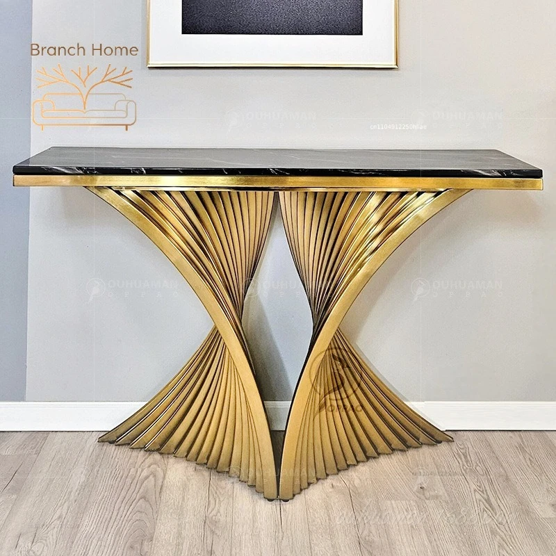 stainless steel titanium marble entrance wall-mounted console table with tempered glass