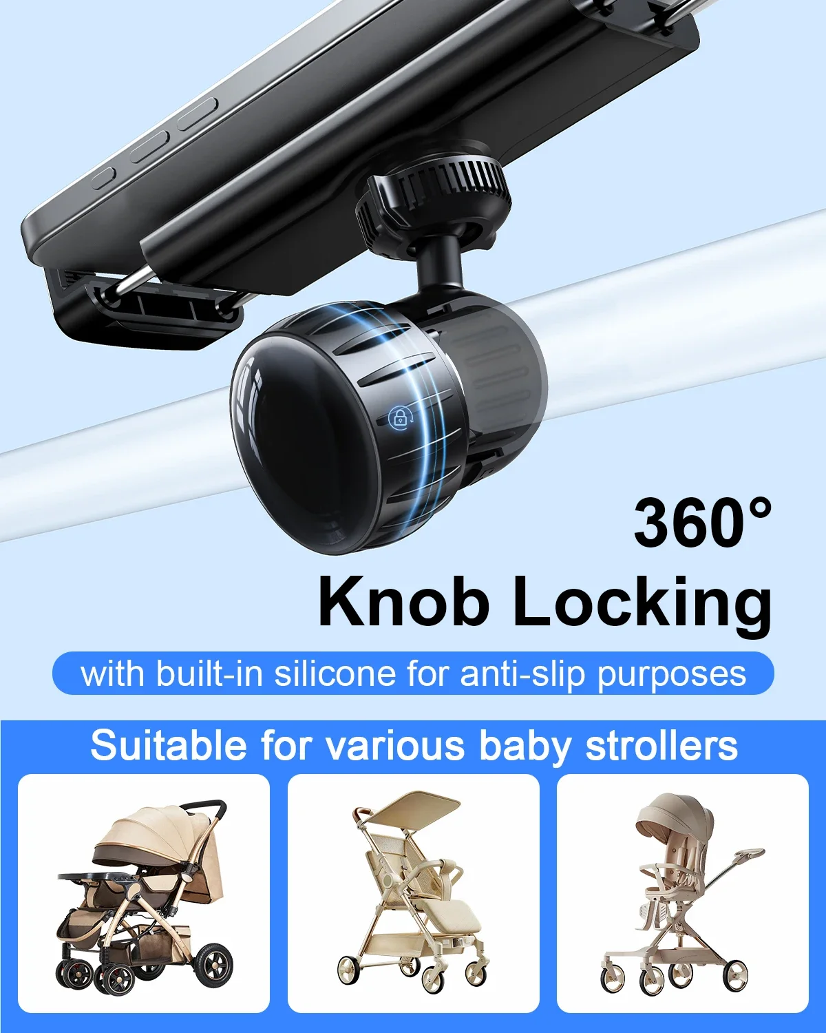 Eary portátil clipe suporte do telefone montagem para carrinho de bebê 360 girar compatível com 4.7-12.9 "polegadas apto para e-bike motocicleta