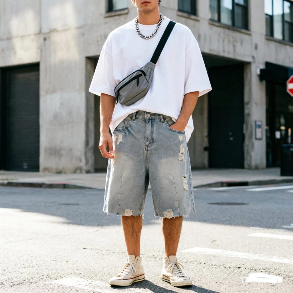 

Summer Men's Casual Jeans Shorts Loose Mid High Waist Fashion Knee Lenght Ripped Denim Short Pants Vintage Male New Korean