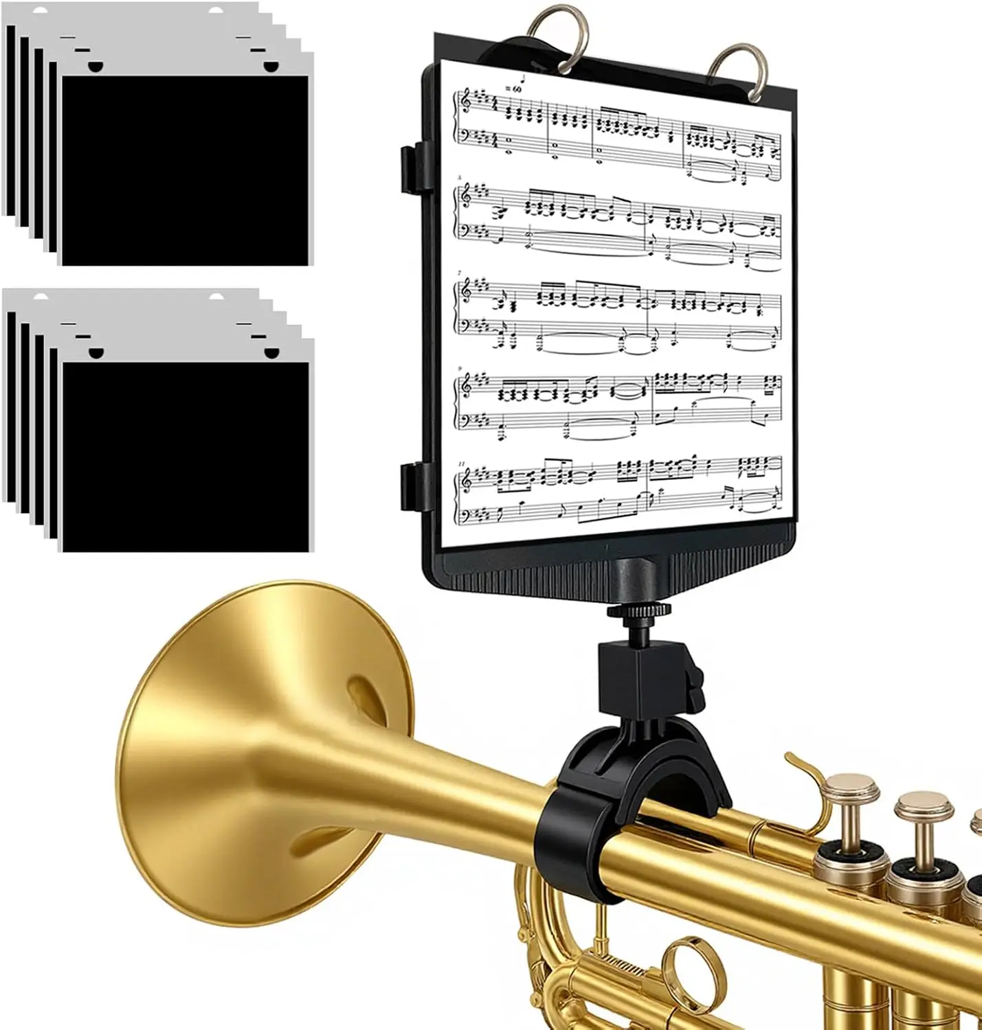 2-in-1 Trumpet Lyre for Marching Band, Adjustable Trumpet & Snare Drum Music Holder with Flip Folder, 10 Double-Sided Pages