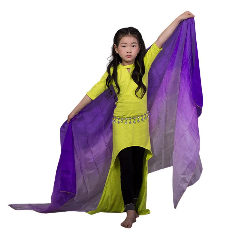 Girls 100% Silk Veils Belly Dance Hand Scarf Gradual Colors Veil Shawl Lightweight Kids Performance Costume Accessories 200X90cm