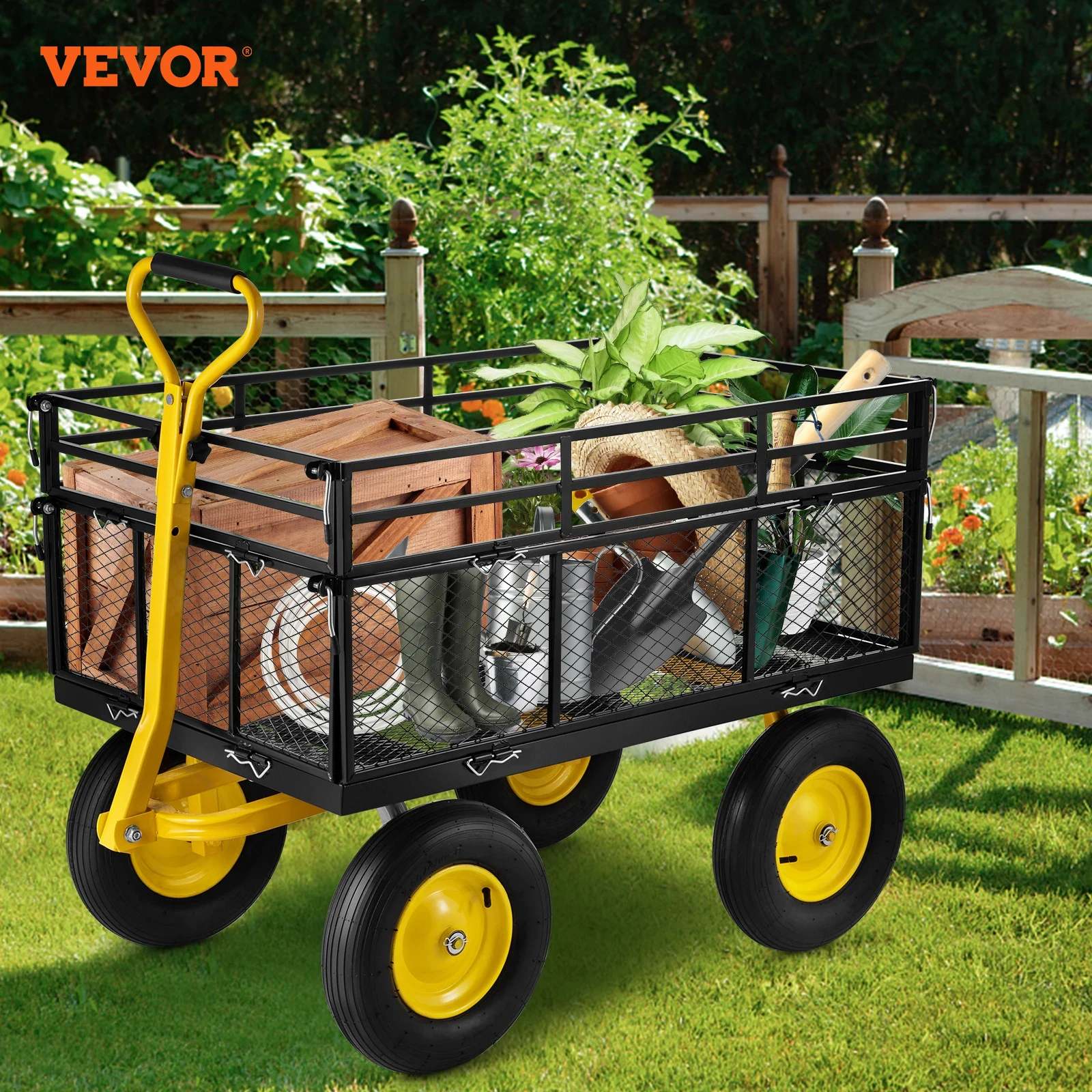 

VEVOR Steel Garden Cart Camping Trolley Wagon with Removable Mesh Sides Multi-functional Utility Wagons Flatbed Cart for Garden