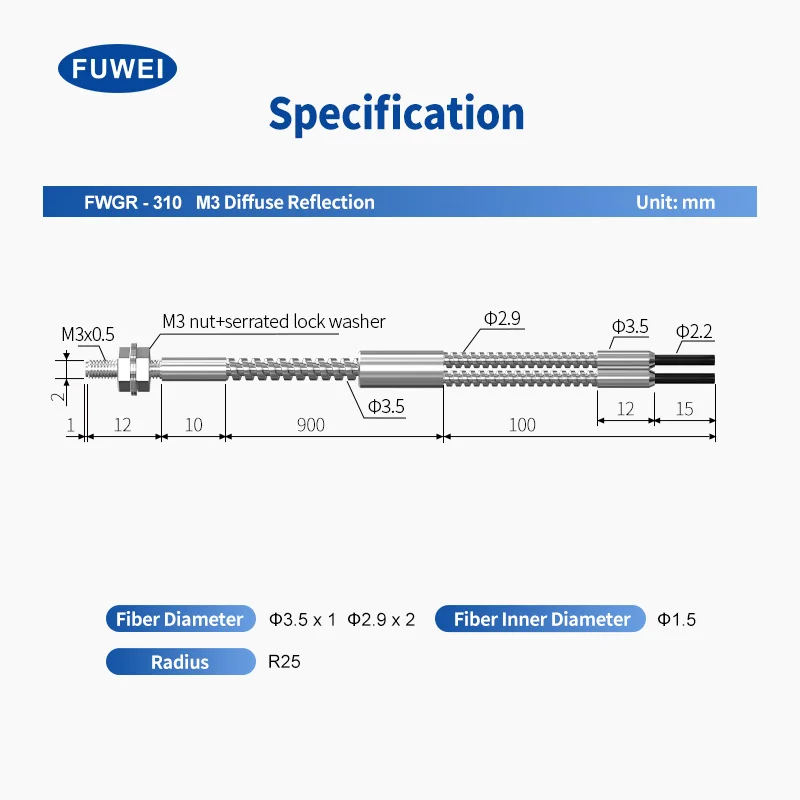 FUWEI Boiler Baking Equipment High-Temperature 350°C Fiber Optic Sensor M3 M4 M6 Reflective Fiber Optic Probe