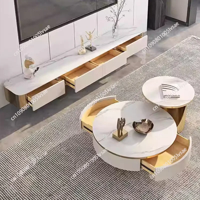 Modern Gold White Round Marble Coffee Table Set Wooden Furniture Luxury Center Table For The Living Room