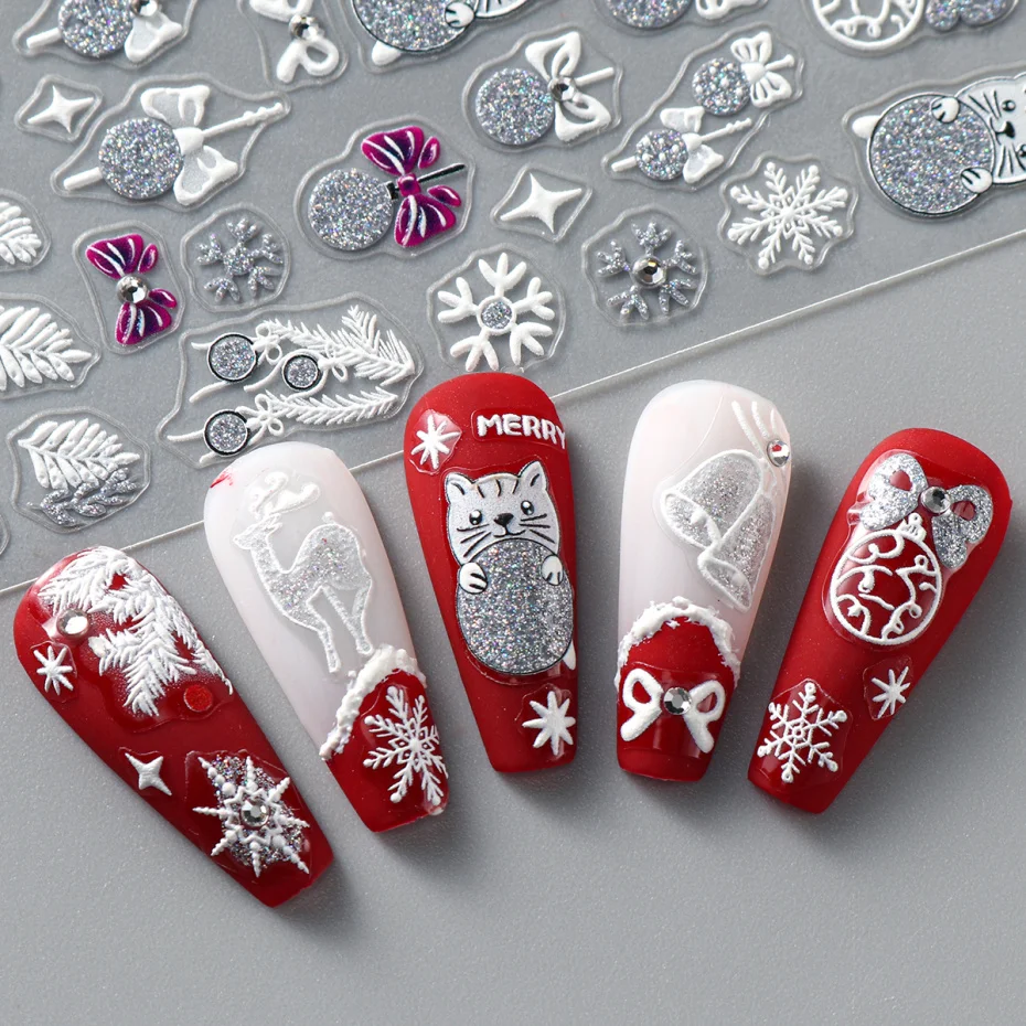 2pcs 5D Christmas Nail Art Stickers Glittery Snowflake Bells Sliders Cartoon Bear Penguin Deer Adhesive Decals With Rhinestone