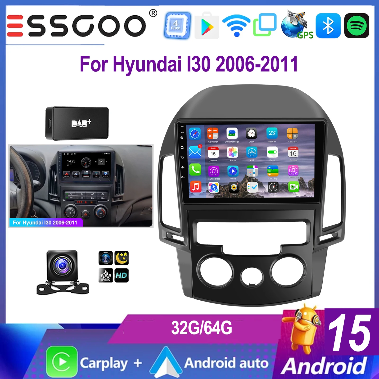 ESSGOO Android 15 9" Carplay Android auto For Hyundai I30 2006-2011 Car Stereo RADIO GPS NavI WIFI SWC FM BT Mirror link USB ASP