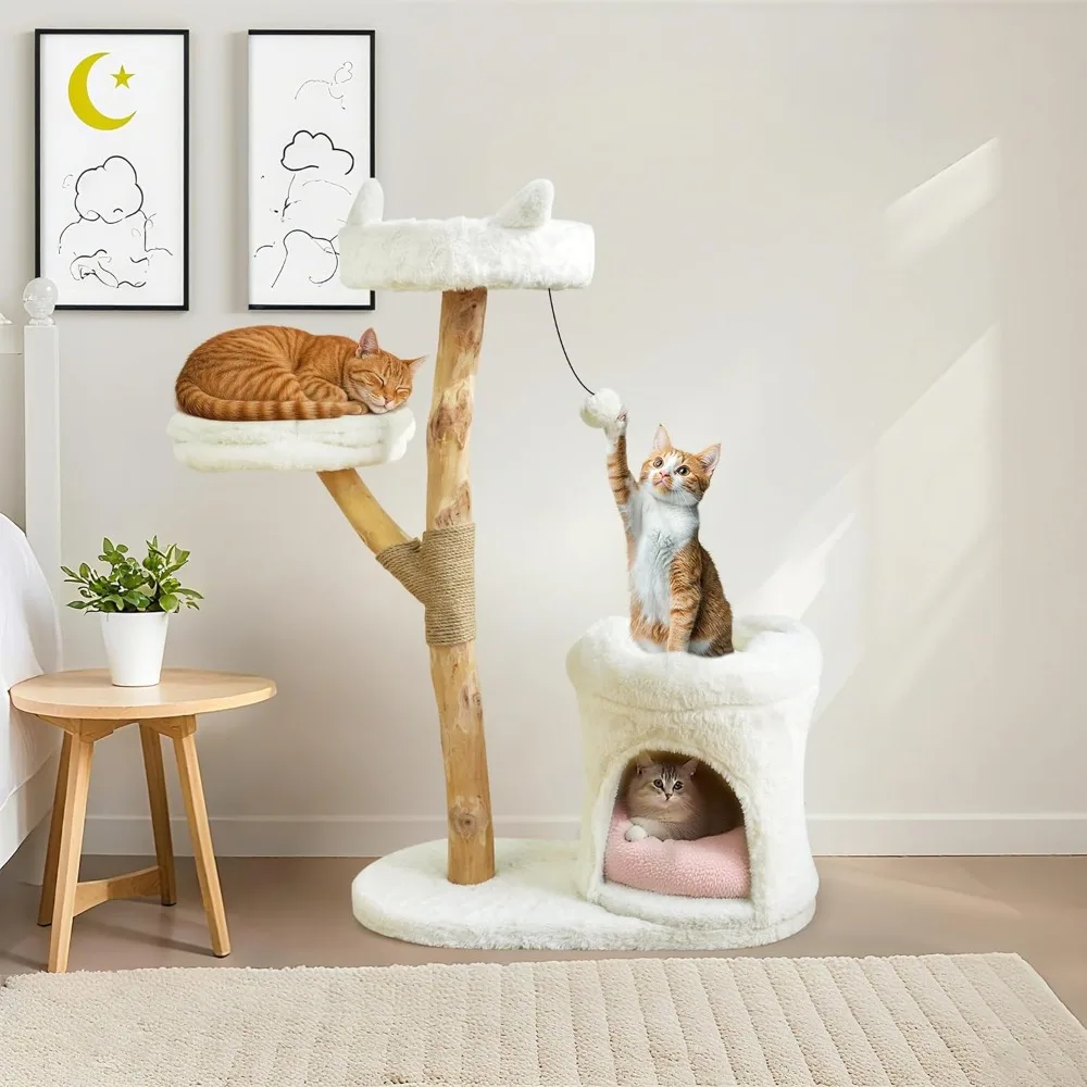 real wood modern cat tower, climbing tower cats tree with scratching post and ball, cat furniture with flower bed for 37.5