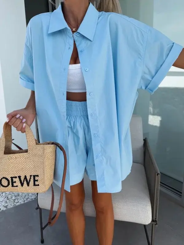 Cross border European and American summer lazy style vacation loose shirt and shorts set