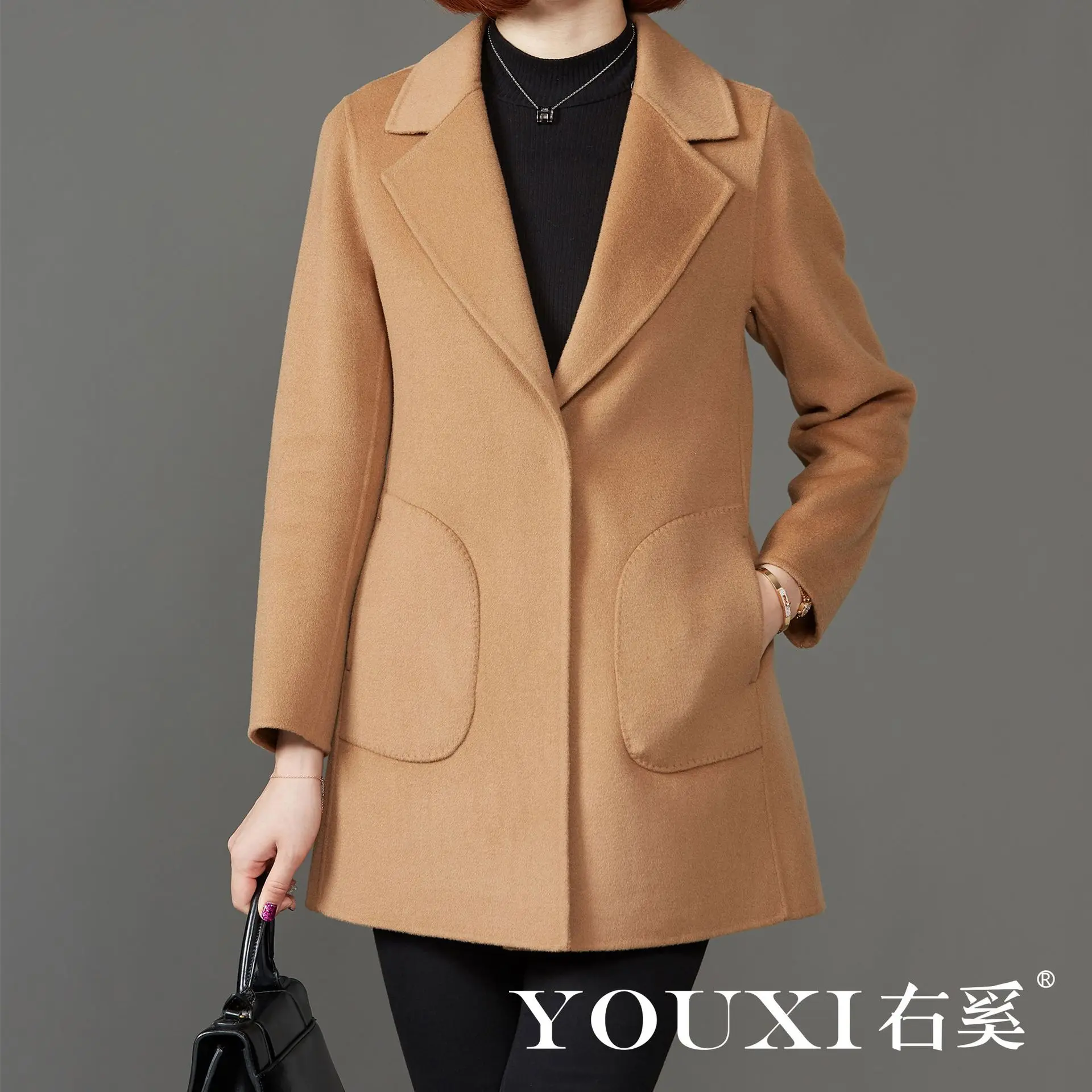 Double Sided Cashmere Sweater Women's Long Slim Fitting Suit Wool Woolen Jacket OL Made