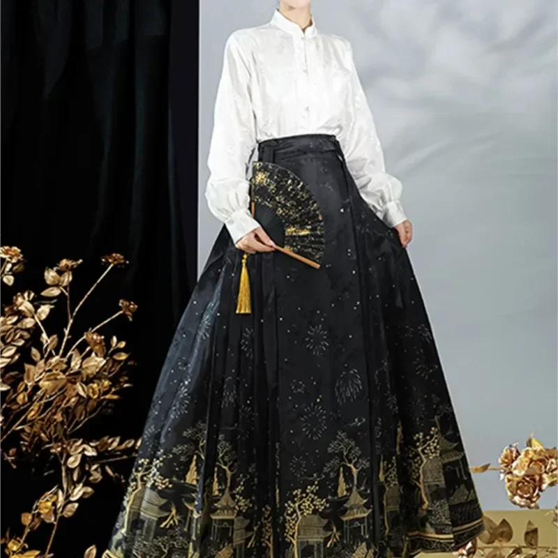 Original Hanfu Dress Female Bright Chinese Style Horse Face Skirt New Chinese Daily Mamian Dress Commute