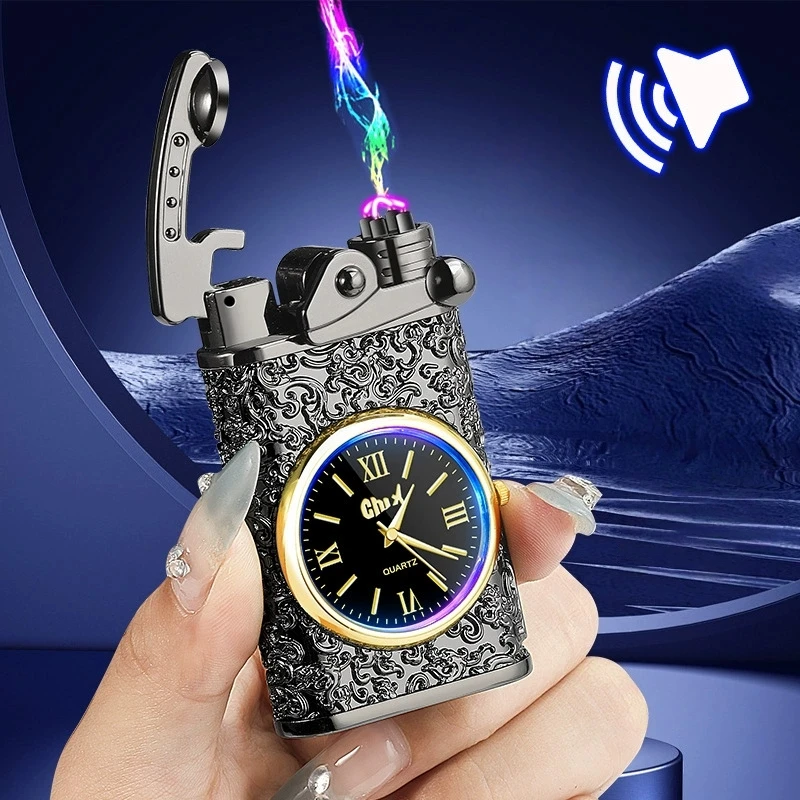 

New Metal Rocker Arm Watch USB Lighter Embossed Double Arc Visible Battery Lighter Cigarette Accessories Men's Gift