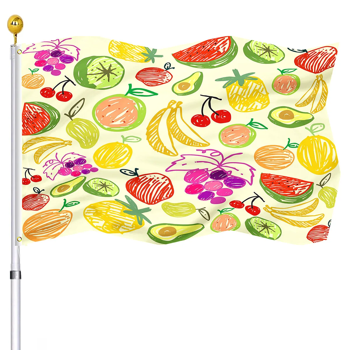 

Fruit Colorful Doodle Cartoon Pattern Home Decoration Vivid Color Grape Watermelon Apple Banana Flags Banner with Brass Grommets