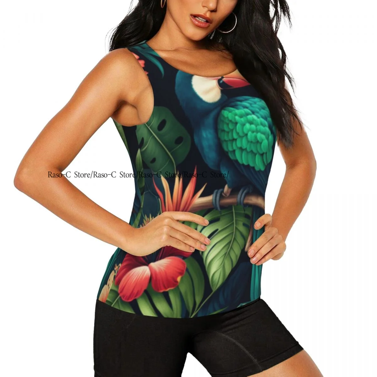 Women's Workout Tank Tops Quick Dry Sleeveless Athletic Shirts Tropical Parrot And Flowers Illustration Gym Yoga Tops