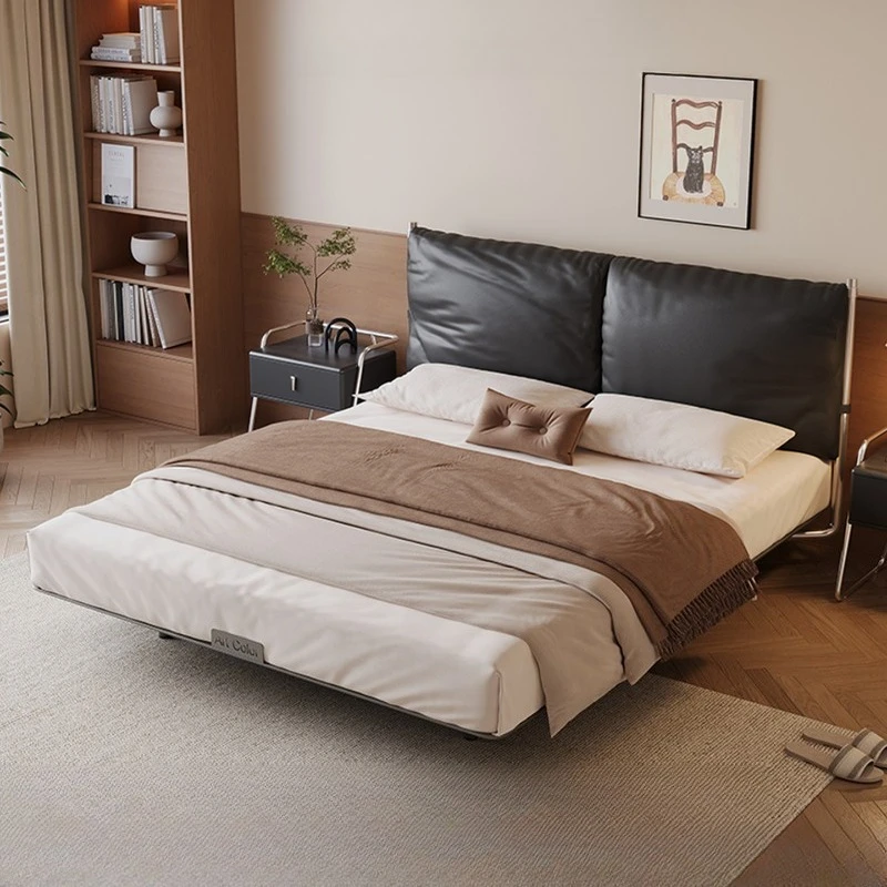 Small apartment master bedroom, modern simple leather, flush edge suspension soft bag bedside