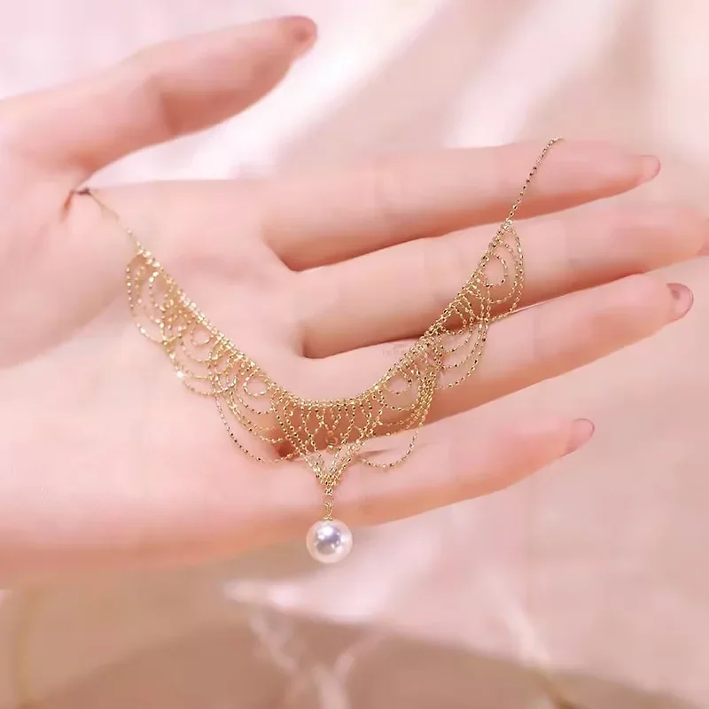Captivating Goddess Pearl Lace Necklace Women Light Luxury Romantic Su Lace Woven Necklace Retro Palace Design Tassel Neck Chain