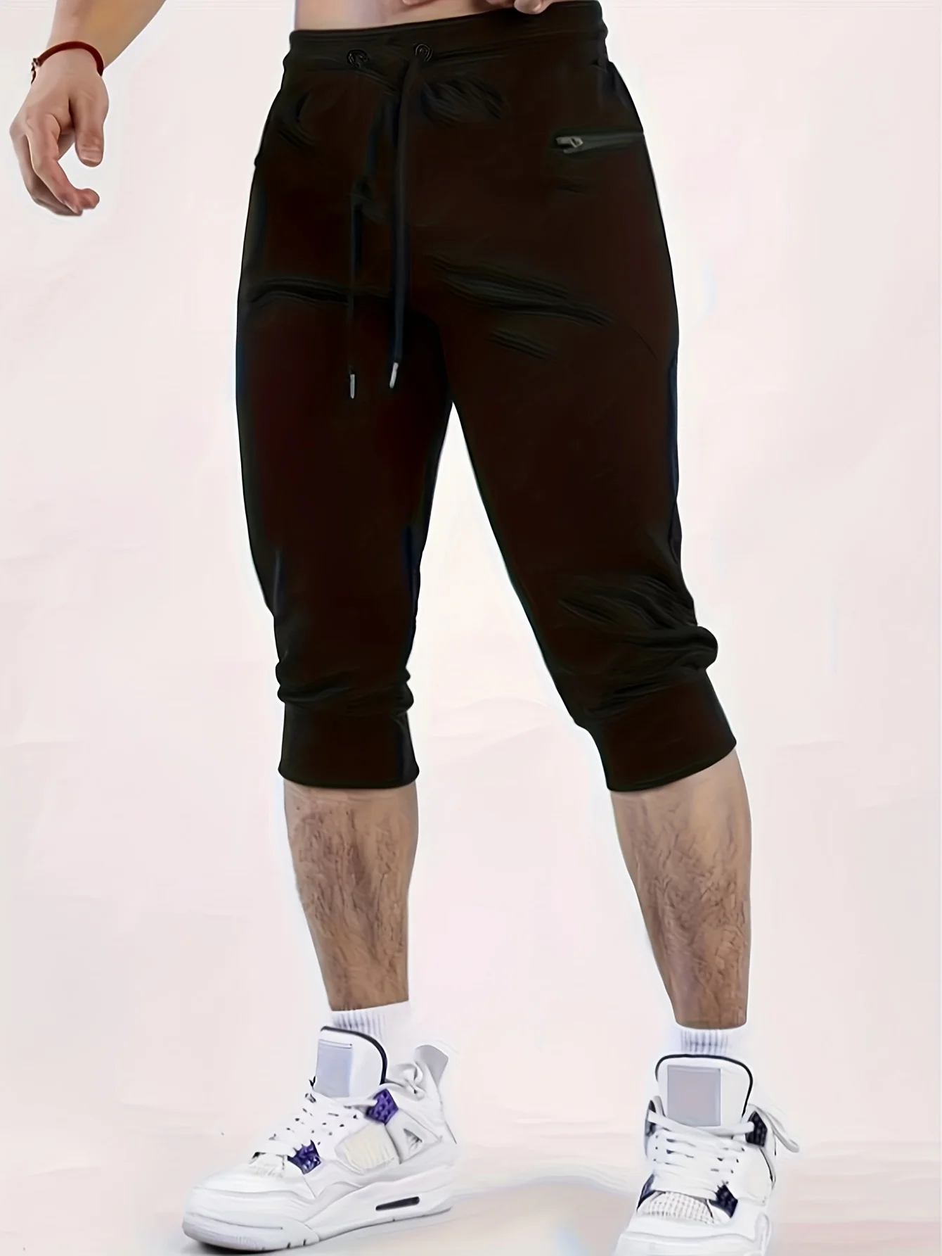 メンズ 3/4丈 アスレチックパンツ ドローストリングウエスト ジッパーポケット付き スポーティースタイル ワークアウトや日常着に最適