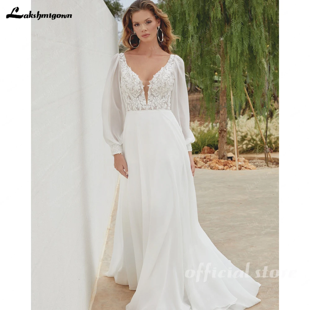 Lakshmigown Chiffon V-Ausschnitt Hochzeitskleid Braut Applikation A-Linie Ziviles Doppel-V-Ausschnitt Puffärmel Brautkleider Maßanfertigung – Detail 5