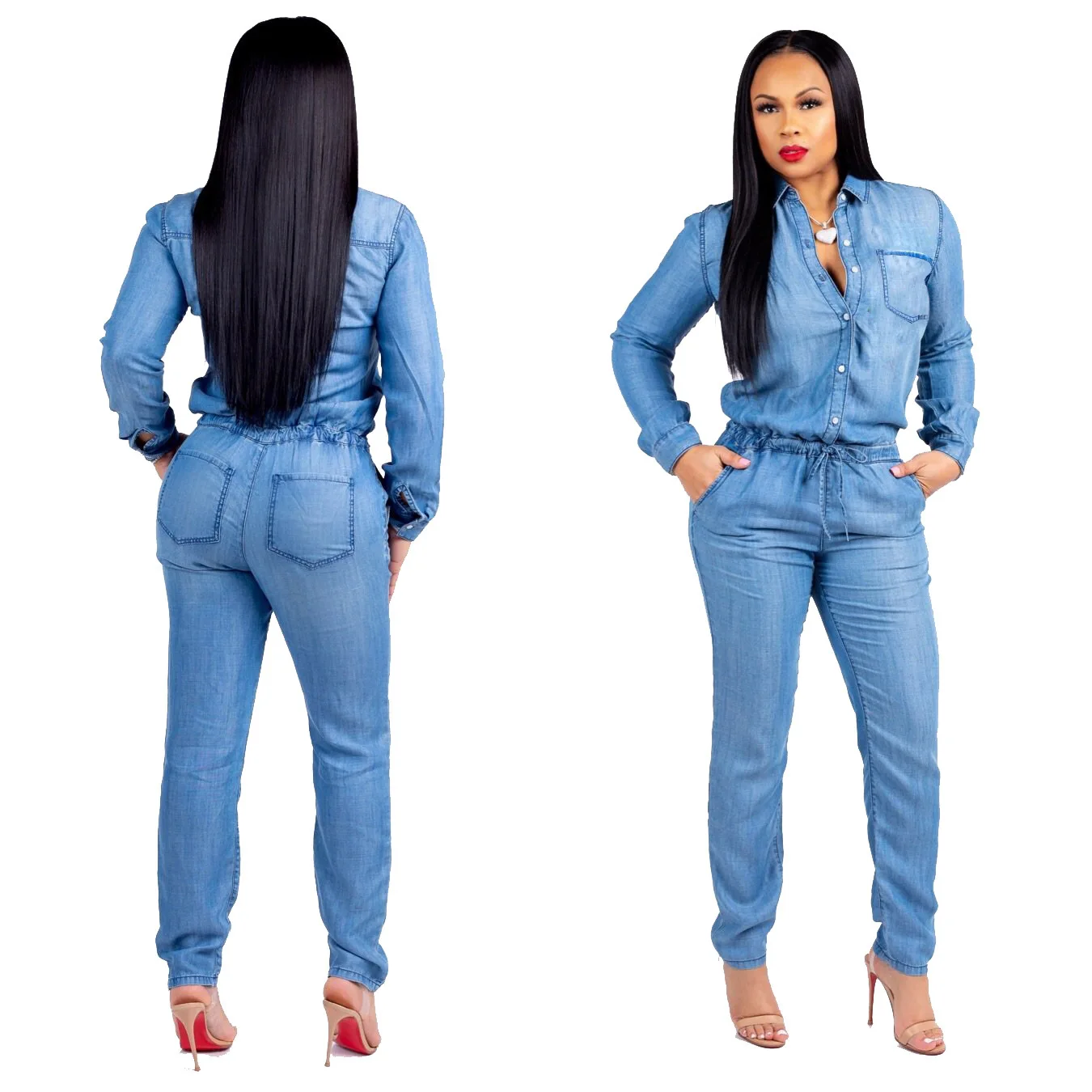 

Women Drawstring Lace Up Denim Jumpsuit Fashion Autumn Dark Blue Lapel Sleeve Button Romper Female Pencil Pants Jeans Jacket