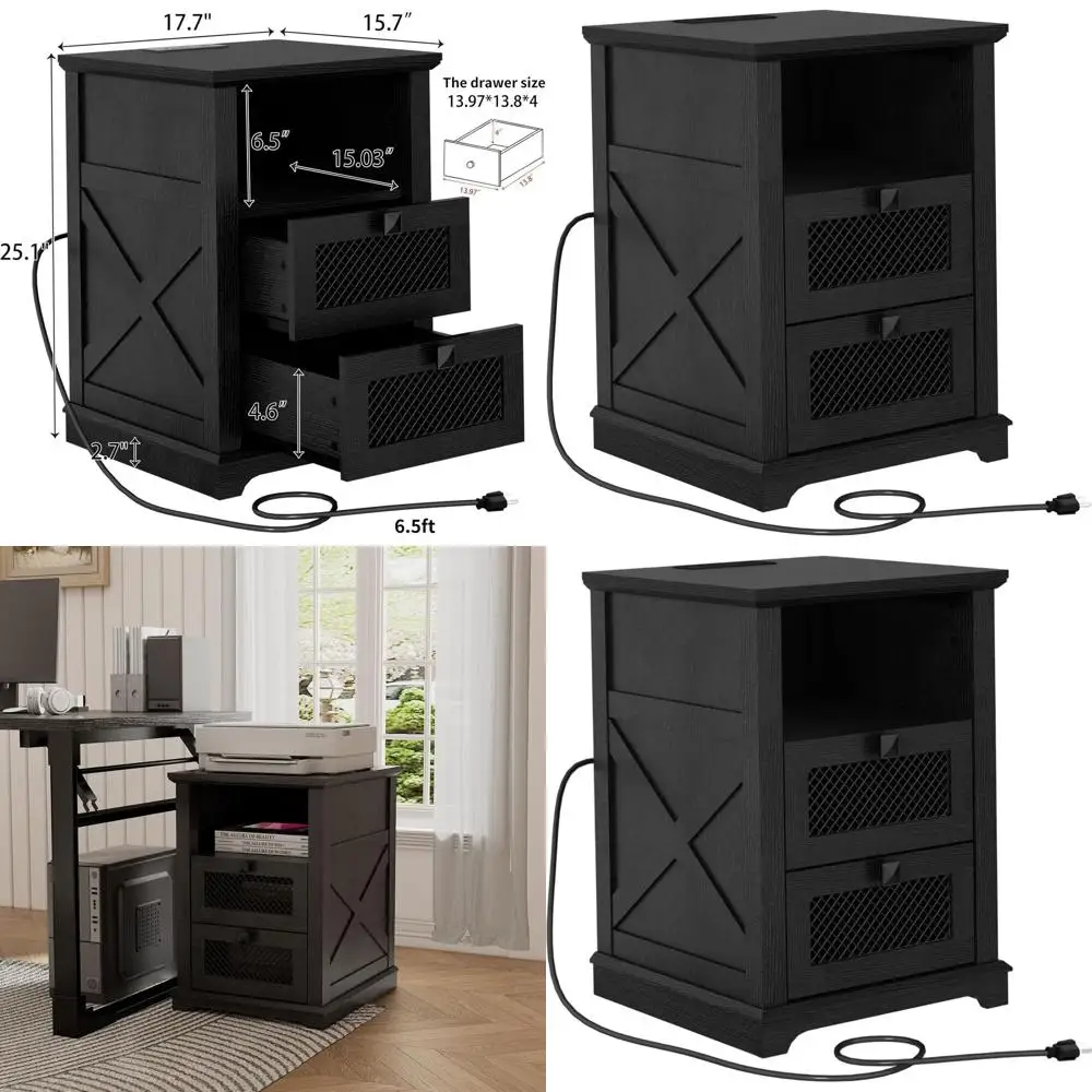 

18 Inch Farmhouse-Style Nightstand with Charging Station and Storage Shelf