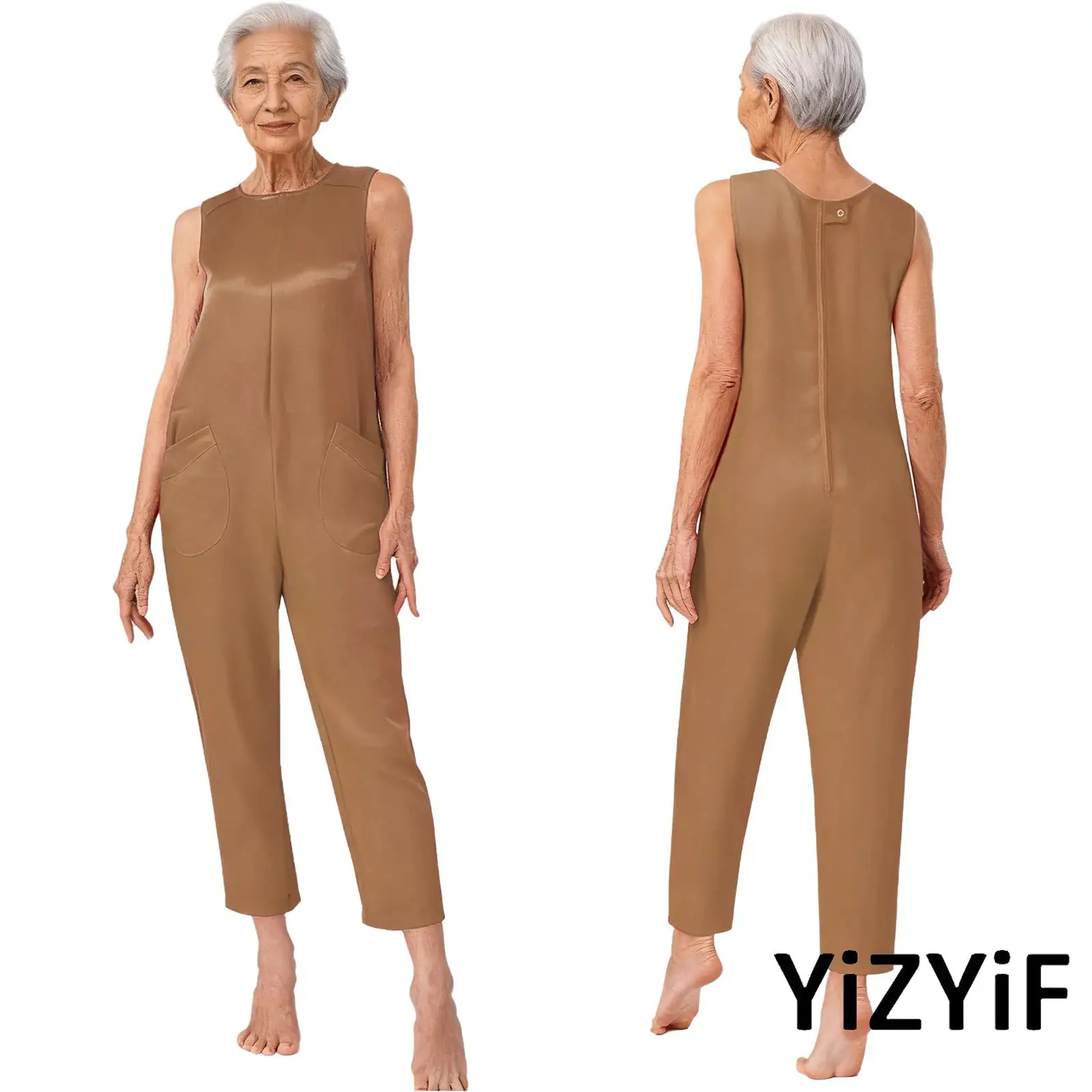 

Адаптивная одежда для женщин Альцгеймера для пожилых женщин, комбинезон с круглым вырезом без рукавов и молнией сзади, противоскользящий комбинезон с карманами