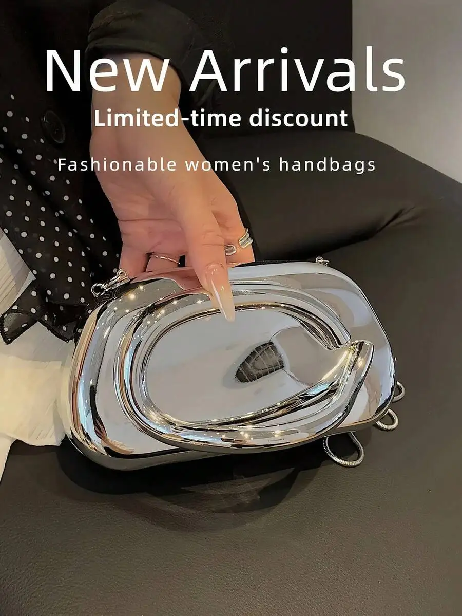 Chrome Mirror Finish Clutch Bag With Chain Strap For Evening Wedding Prom Party Formal Gown Dress Accessory