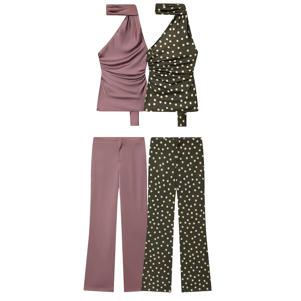 Europeu e americano 2025 outono novo feminino assimétrico polka dot top cintura média calças largas conjunto