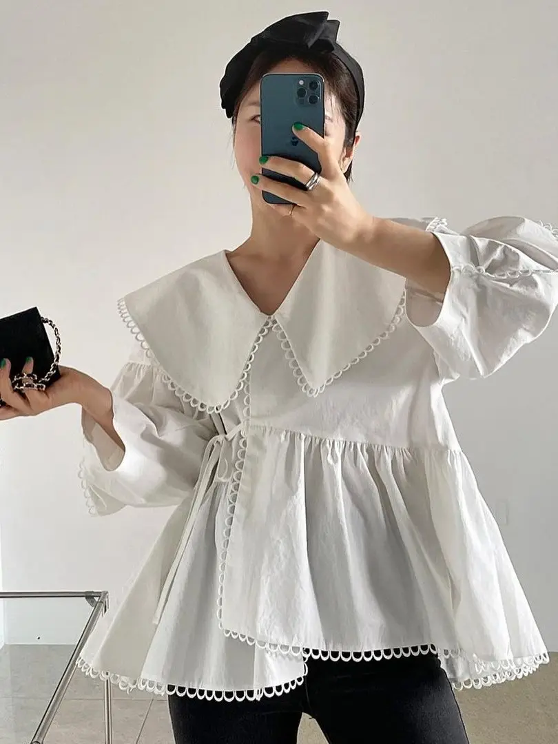 

Женская блузка свободного кроя с вырезами, рюшами и поясом, в корейском стиле, с длинными рукавами и завязками на талии, повседневная.