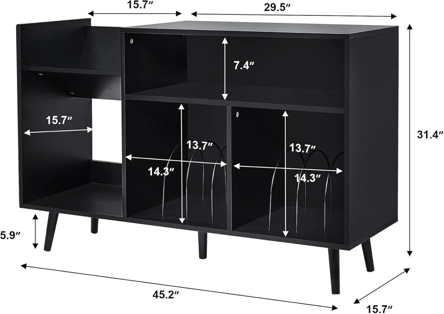 Large Record Player Stand, Mid-Century Vinyl Record Storage Table with Wood Legs and Record Storage,Living Room, Bedroom (Black)