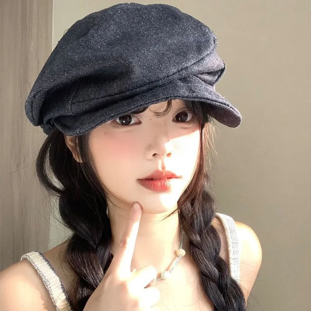Casual Japanese Denim Beret Cloth Y2K Octagonal Cap Newsboy Big Head Circumference Pleated Painter Hat Girl
