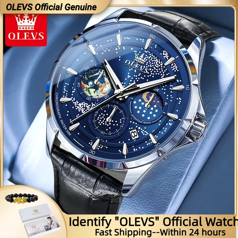 

OLEVS оригинальные мужские кварцевые часы звездное небо дата фаза Луны светящийся водостойкий кожаный ремешок деловые кварцевые часы для мужчин