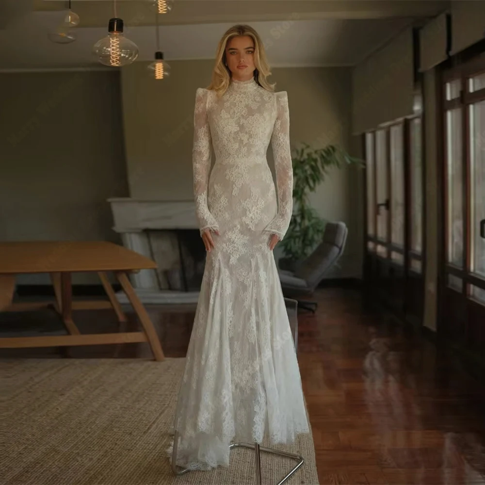 Fascinating Lace Applique Mermaid Wedding Dresses Modern Lace Long Sleeves Bridal Gowns Paert Vestidos De Novias Customized 2026