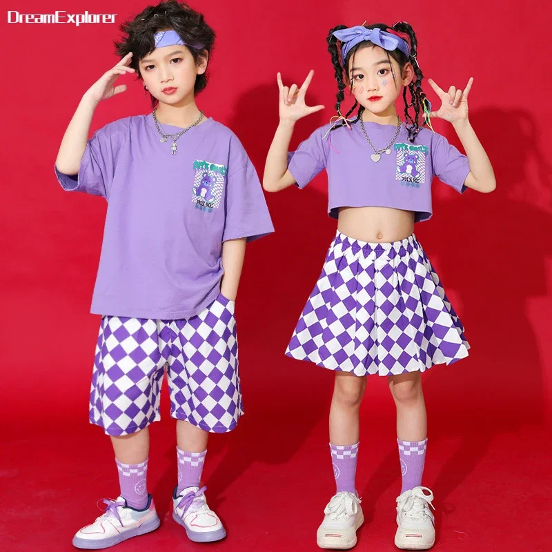 Boys Hip Hop Print T-shirt Street Dance Shorts Girls Purple Crop Top Plaid Skirts Child Summer Clothes Sets Kids Jazz Costumes
