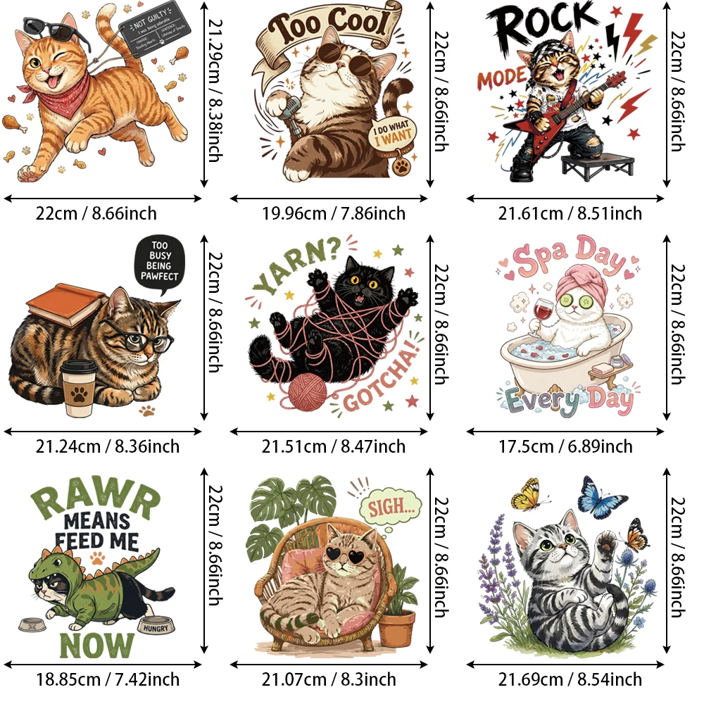 9Pcs Meme Cat Heat Transfers, Sweatproof UV-Resistant, Detergent-Safe Daily Wear, Scratch-Proof Vinyl Iron-on