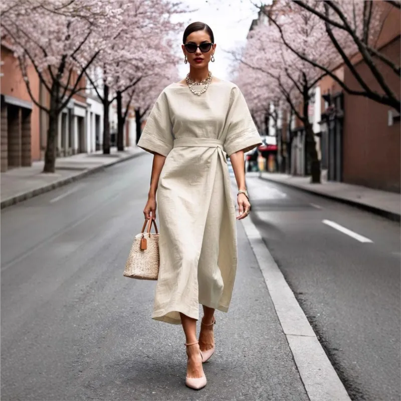 

2025 Summer Fashion Solid Color Long Dresses Women Sexy Round Neck Bat Sleeve High Waist Dress Elegant Commuting Lady Dress