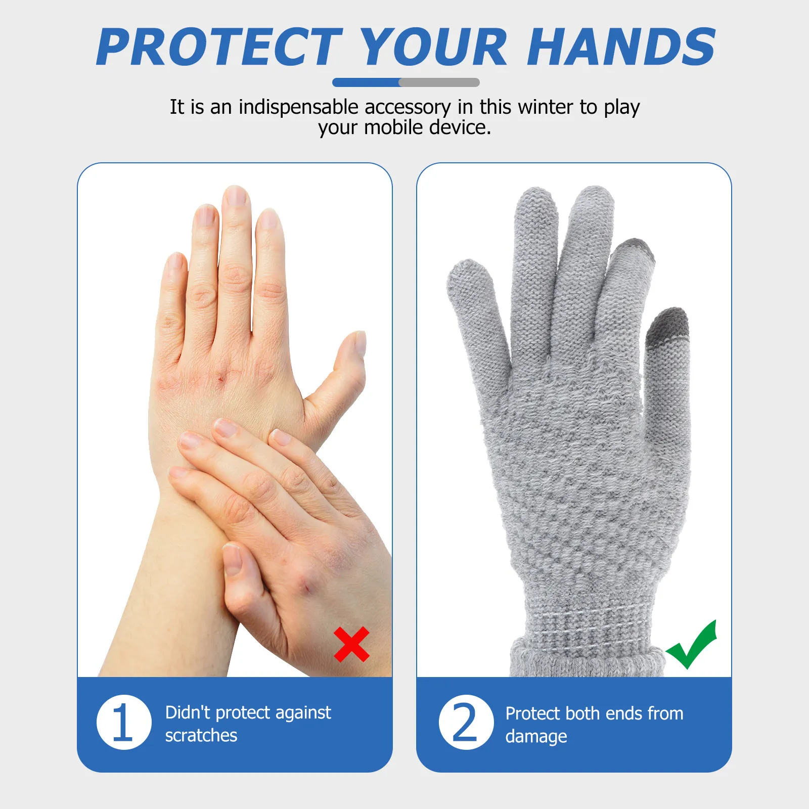 Grey Woolen Knitted Touch Screen Gloves Winter Warm Elastic Gloves for Smartphone Tablet Thumb Index Middle Finger Support