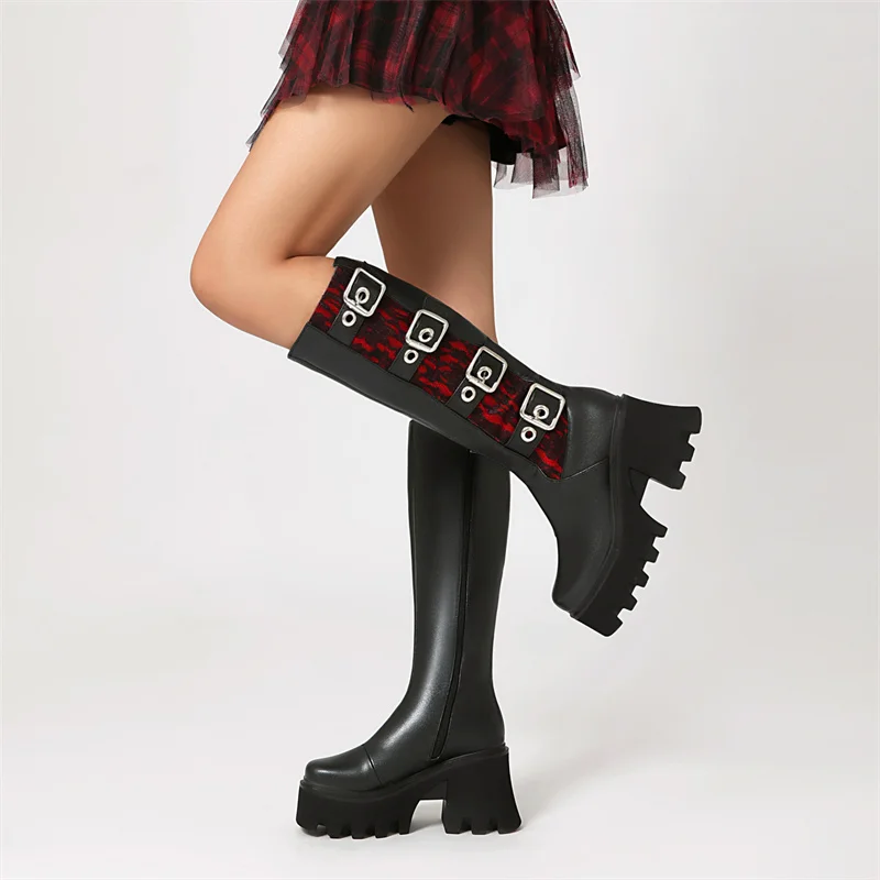 2024 Winter Gothic Punk Women's Platform Boots Black Buckle Strap Zipper Creeper Wedge Mid Calf Military Combat Chunky Shoes