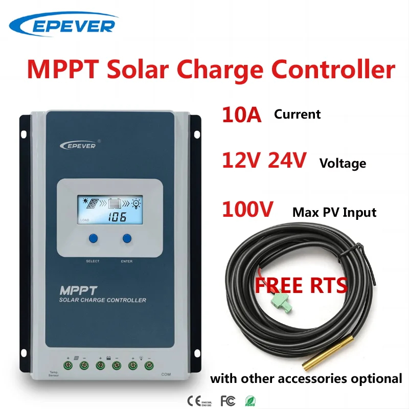 

EPEVER 10A MPPT Solar Charge Controller 12V24V Solar Panel Charger Regulator Fit LeadAcid Lithium Battery Accessory Optional