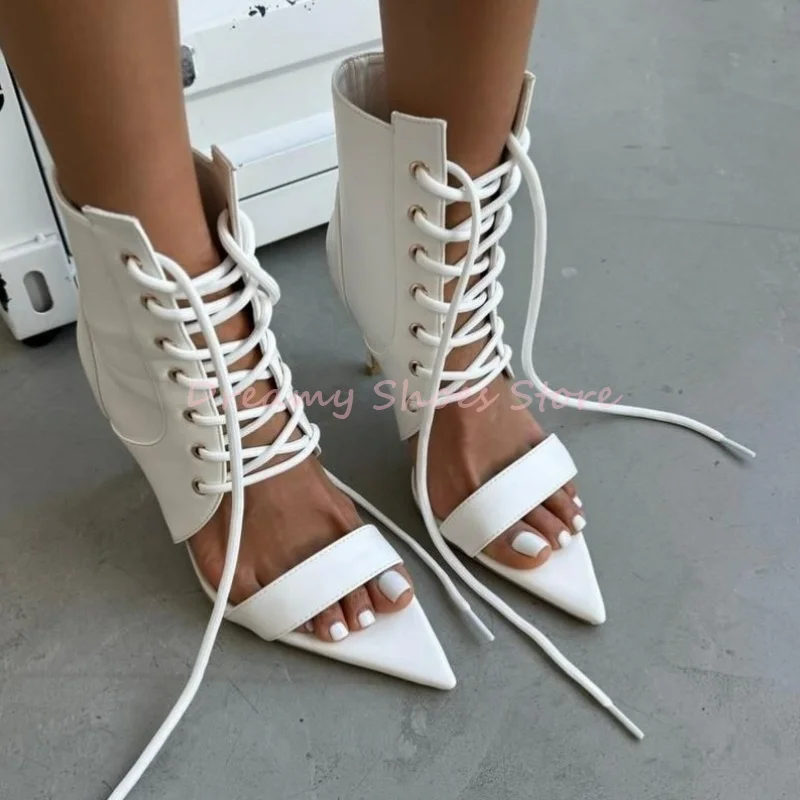 

White Leather Lace Up Pointed Toe Hollow Sandals Women Peep Toe One Strap Suede Thin High Heels Sexy Fashion Party Banquet Shoes