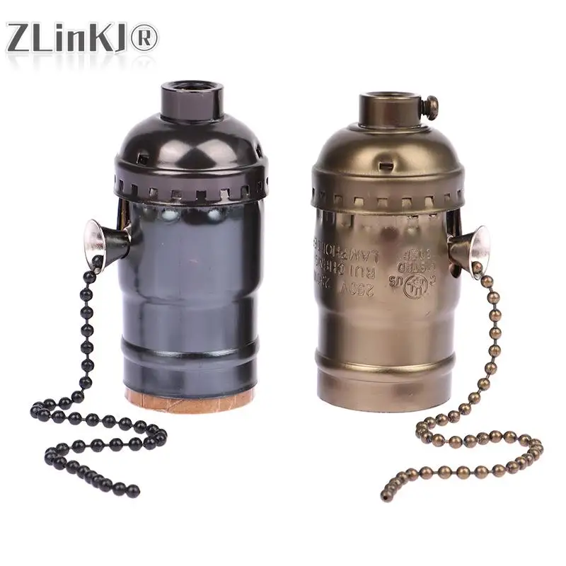 Vintage E26 E27 Aluminum Alloy Antique Lamp Base Holder Screw Aluminum Shell Bulb  Light Screw Socket 4 Colors With Chain Switch