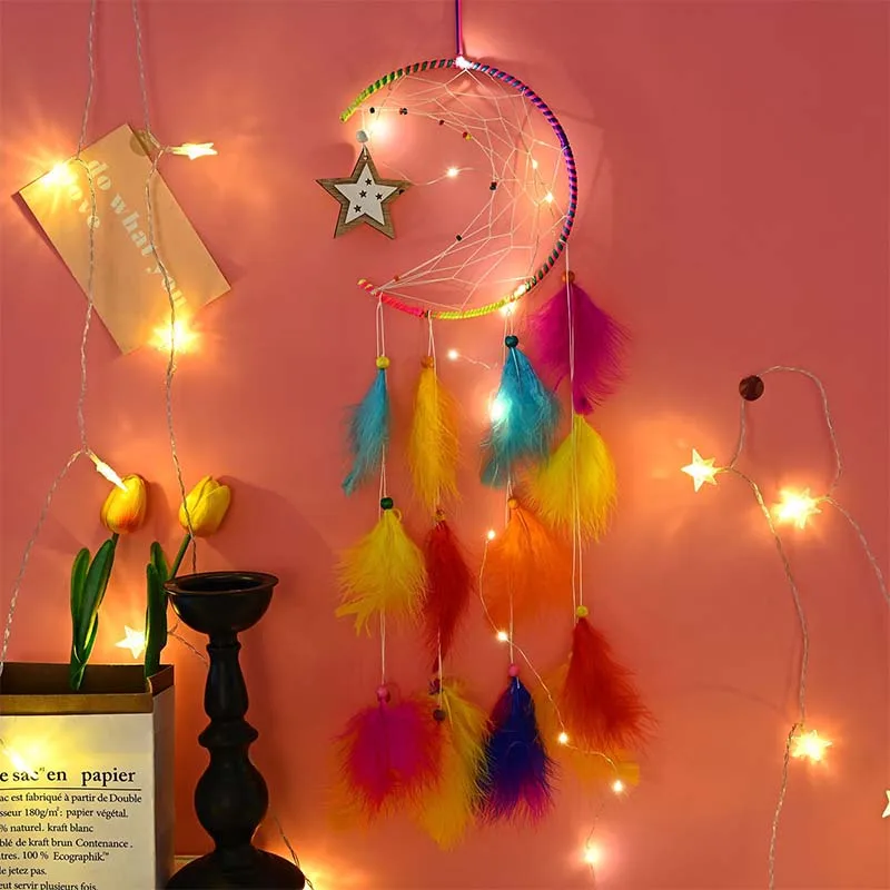 Dream Catcher with lights kawaii feather rainbow room decor for girl kids aesthetic Ornaments wall Handmade Home Decoration