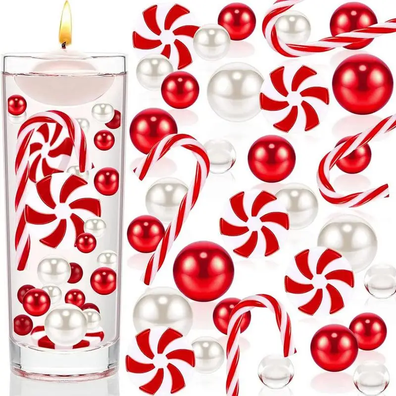 Christmas Vase Filler White And Red Candy Cane Pearl Water Gels Beads Floating Candles For Home Christmas Party Table Decor