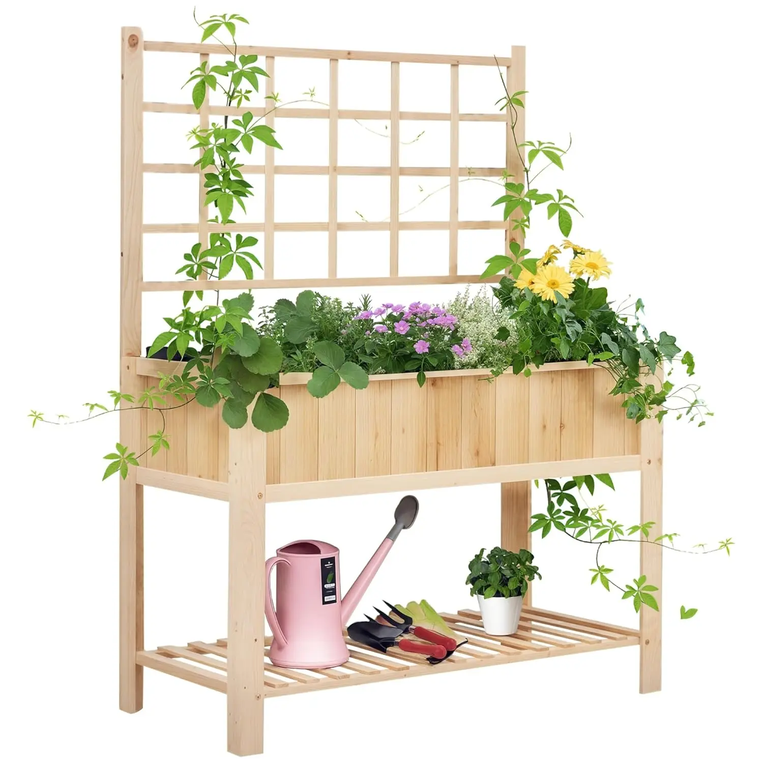 

47in Wood Elevated Garden Bed with Trellis Raised Planter Box Shelf for Vegetables Herbs Flowers Customized