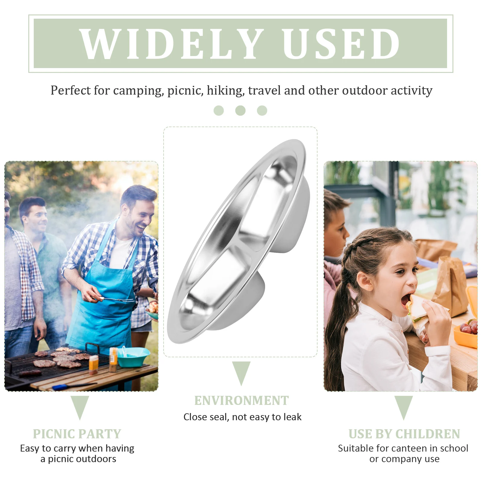 

3Pcs Stainless Steel Compartment Dinner Plate 20Cm Silver Round Food-Safe Separated Tray for Rice Pasta Salad Fast Food Serving